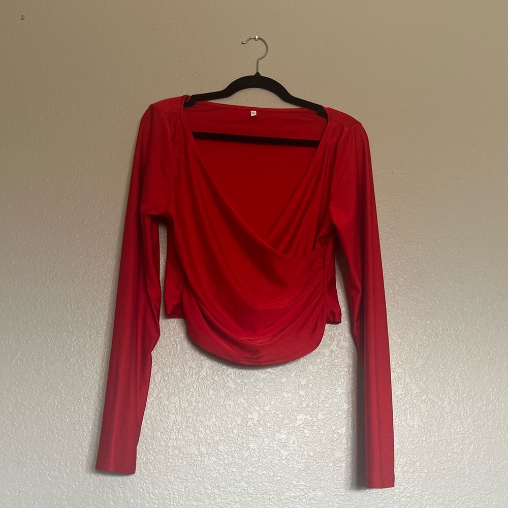 Red RUCHED  Wrap Front Long Sleeve  Top Size XL - Picture 2 of 9